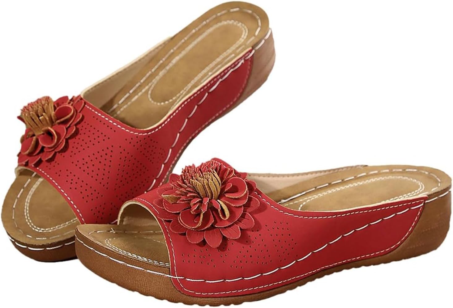 

Женские летние сандалии на платформе для пляжа, модные с цветочной отделкой, с открытым носком «рыбья пасть», кожаные с сеткой, удобные сандалии на танкетке, низкие сабо с открытым носком, женские нарядные тапочки Kvotuu, красный