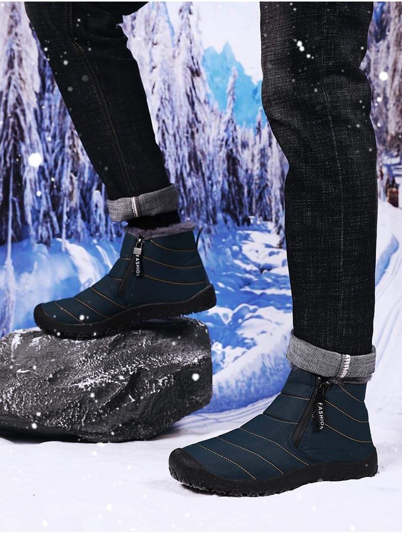 Мужские слипоны для снега с теплой плюшевой подкладкой, удобные противоскользящие и прочные термальные ботинки с боковой молнией, зимняя обувь для мужчин Dikermoon, синий — фото 3