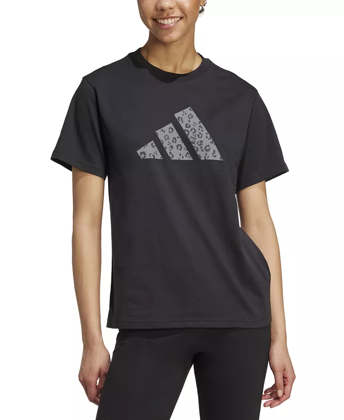 

Женская хлопковая футболка с логотипом и принтом животных adidas, черный
