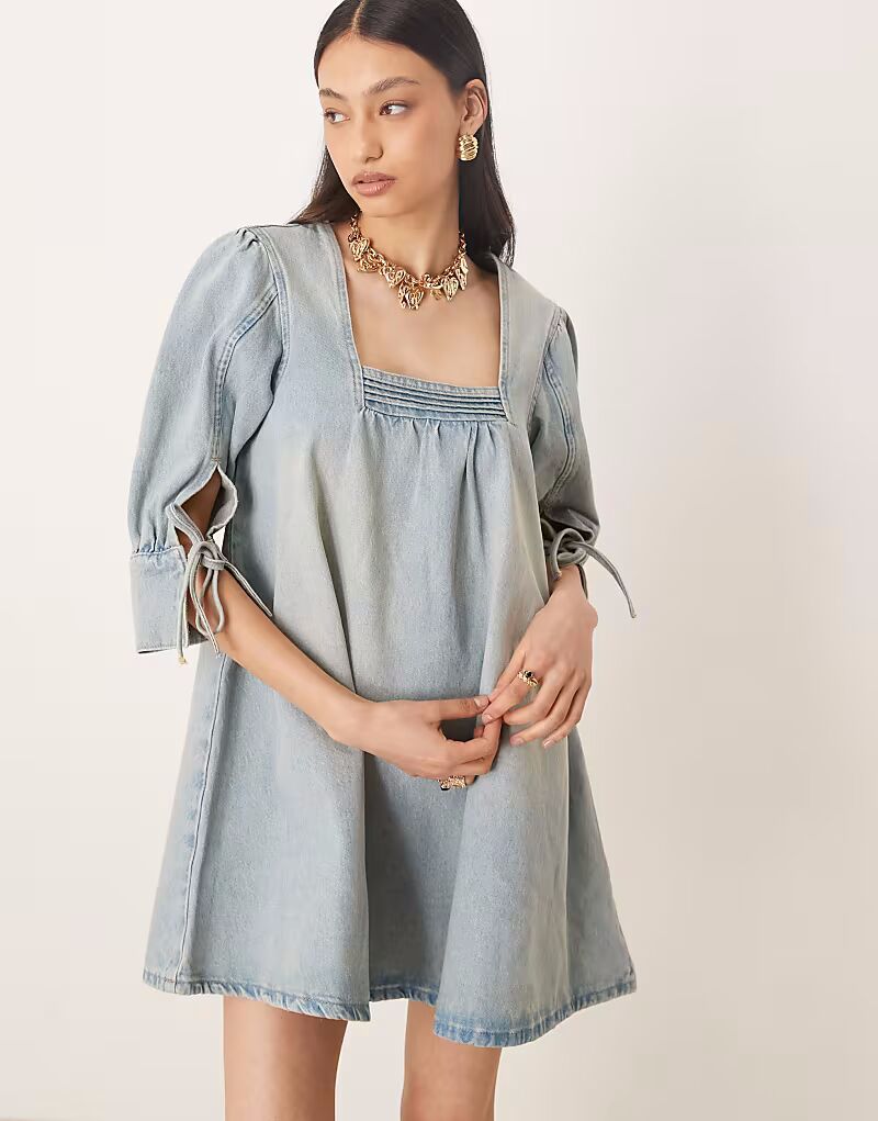 

Мини-платье из денима ASOS DESIGN в стиле бохо с завязками на манжетах