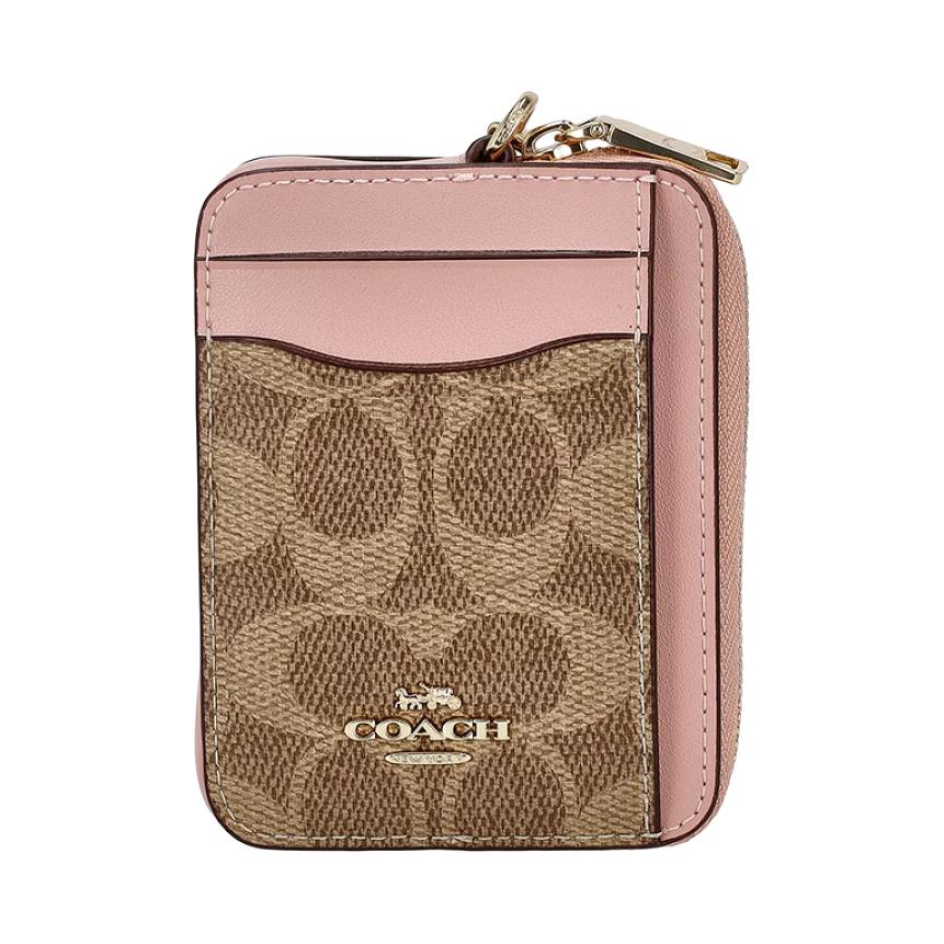 

COACH Чехол для карт из лакированного холста мини женский бежево-розовый, Tan & Pink