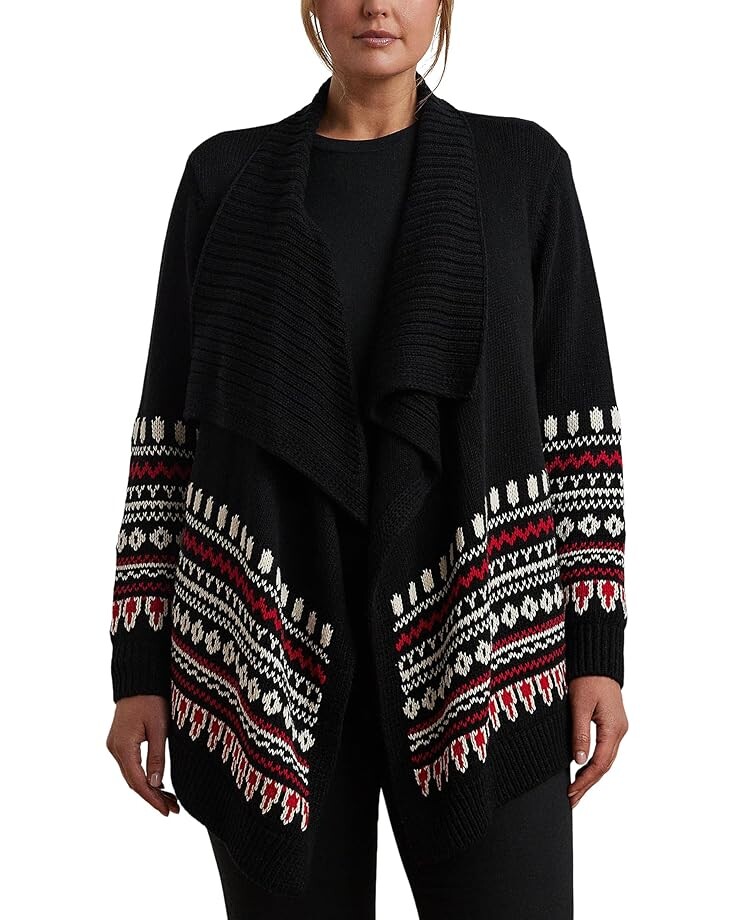 

Свитер Lauren Ralph Lauren Plus Size Fair Isle Cotton Shawl-Collar Cardigan, цвет Black/Cream/Red