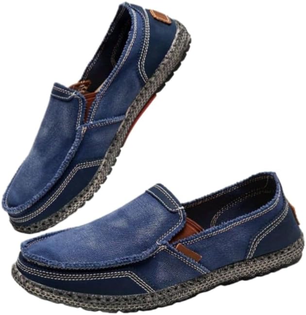 

Мужские дышащие мокасины из ткани - противоскользящие повседневные кроссовки с резиновой подошвой, винтажный уличный стиль, легкое надевание, комфорт на все сезоны для повседневной одежды Minlaidian, синий