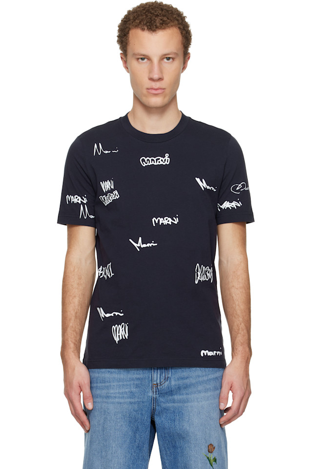 

Marni Хлопковая футболка темно-синего цвета с принтом Marni Multigram