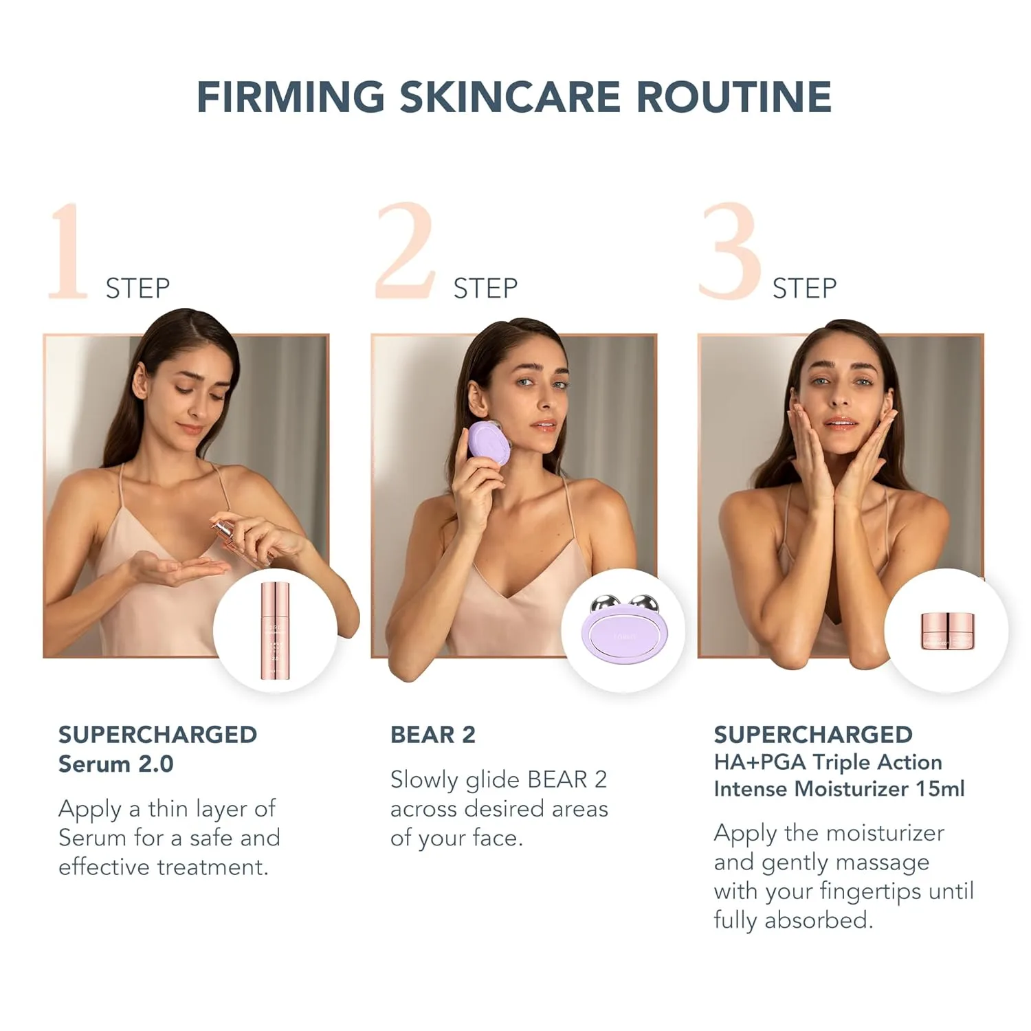 Набор FOREO Total Facelift - BEAR 2 Advanced Microcurrent Facial Device + SUPERCHARGED SERUM 2.0 30 мл + SUPERCHARGED HA+PGA Triple Action Intense Moisturizer 15 мл, Set — фото 2