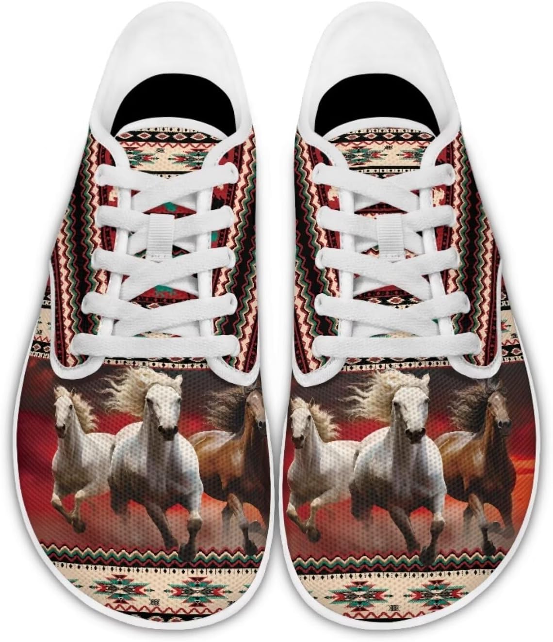 

Женские туфли, повседневные кроссовки для скейтборда, шнурованные беговые кроссовки, баскетбольные, для вождения и ходьбы Ecaestolph, Vintage Horse Aztec Tribal Red Geometric Stripes