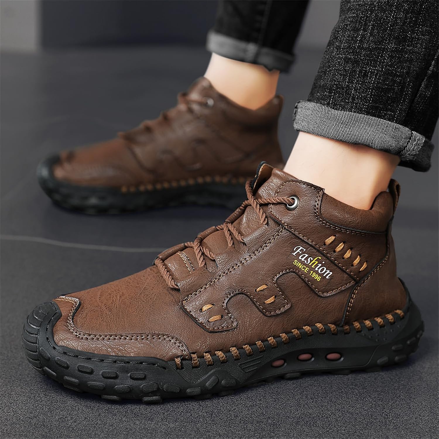 Мужские полуботинки LLTMALL Chukka среднего верха с ручной прошивкой из кожи для походов и треккинга, темно-коричневый — фото 2