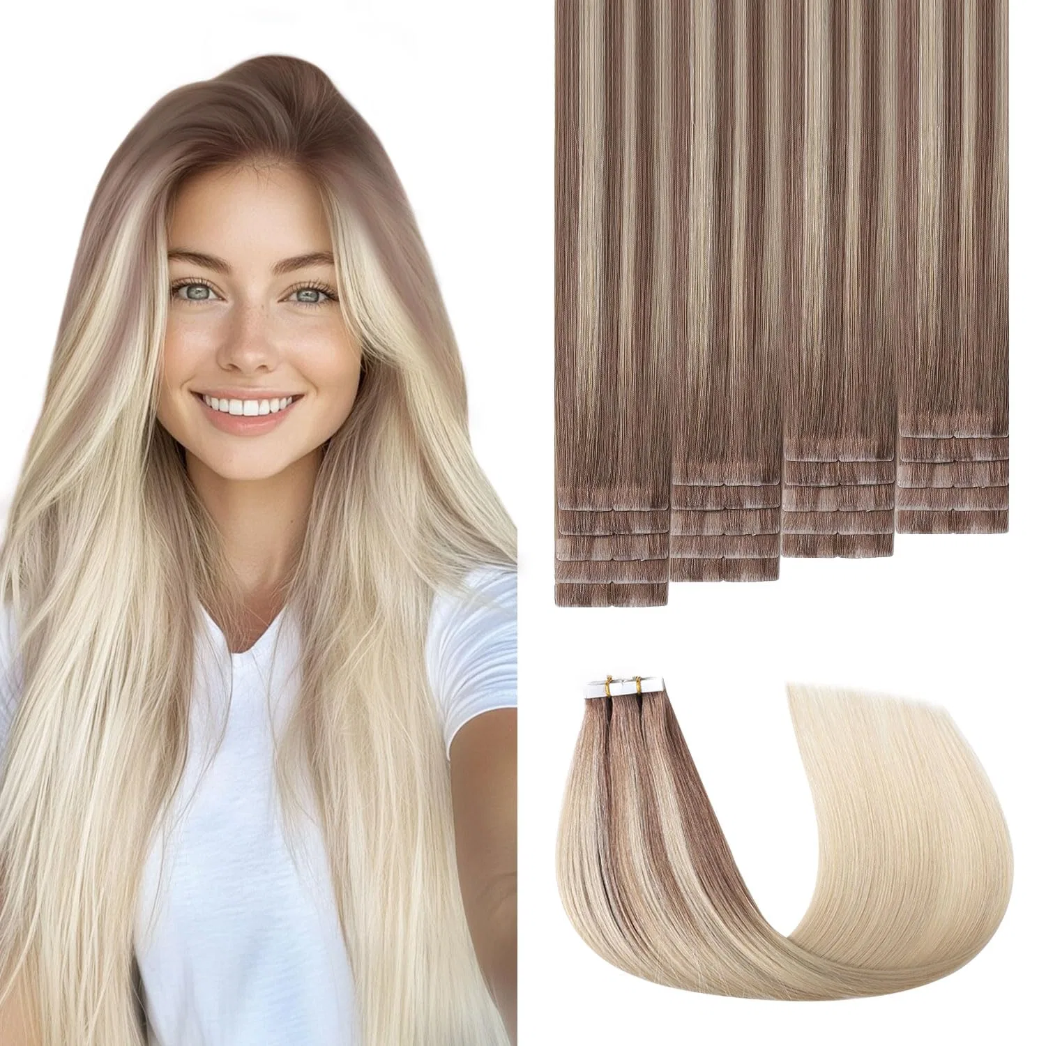 Невидимые ленточные накладные волосы «Pro3.0» от sweetmet Sweetmet, #8/60 Light Brown To Platinum Blonde