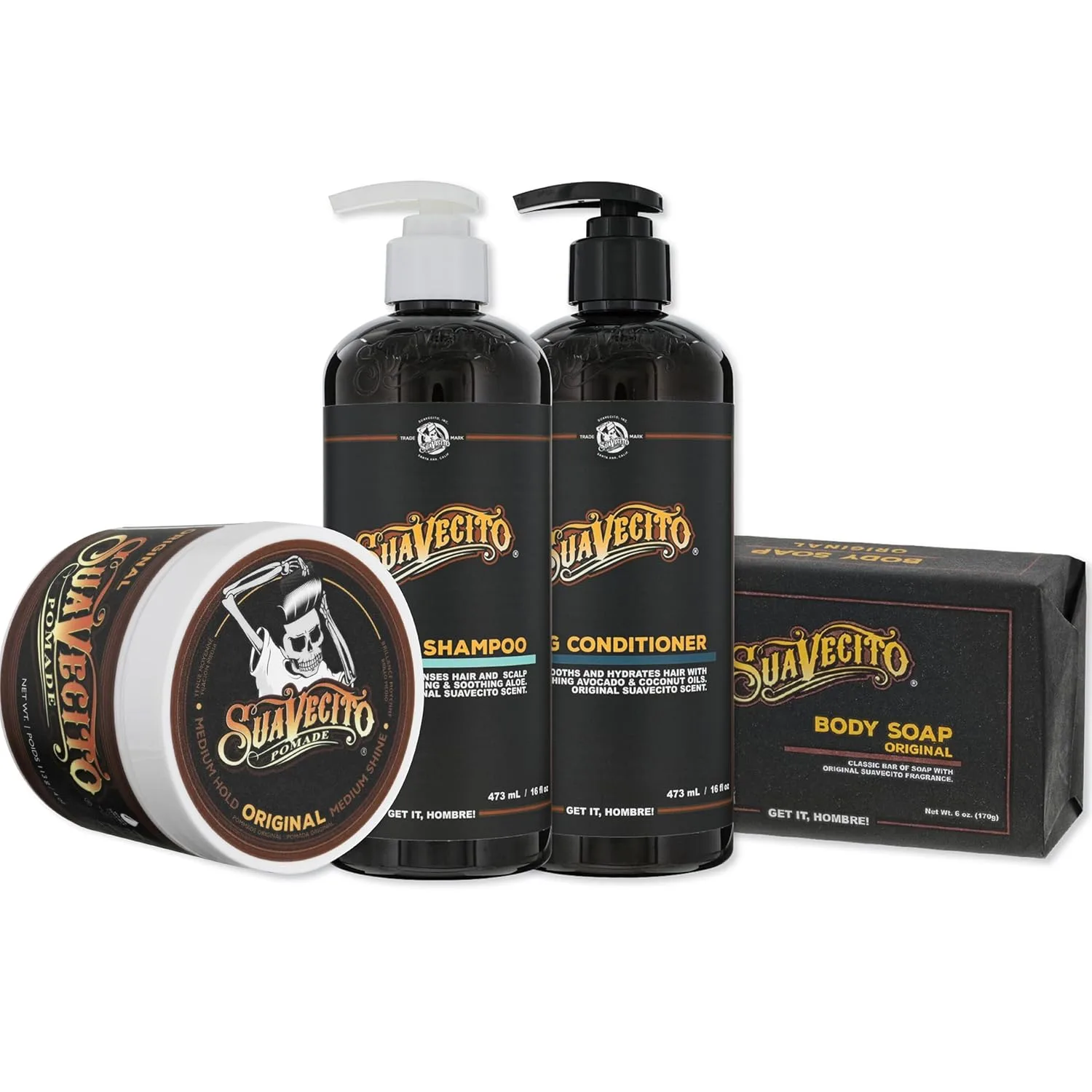 Набор Suavecito Hair & Body Essentials из 4 предметов - включает в себя помаду для укладки, увлажняющее мыло для тела, увлажняющий шампунь и питательный кондиционер.