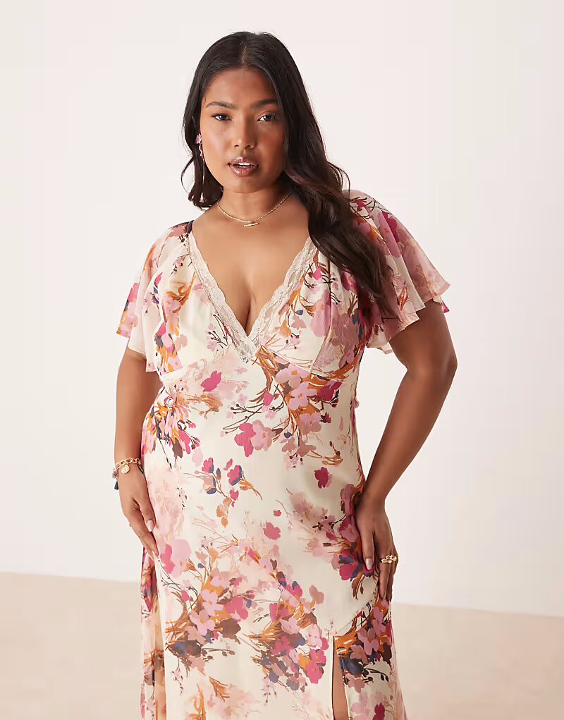

ASOS DESIGN Curve шифоновое чайное платье миди с кружевными вставками и цветочным принтом ASOS Curve