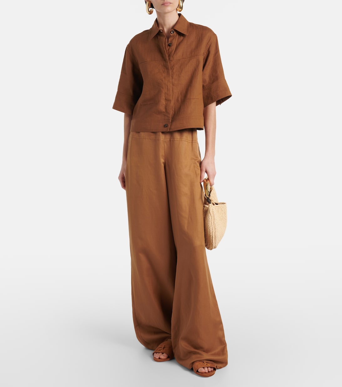 Брюки Оноре из льна и шелкового твила широкого кроя Max Mara, Cuoio — фото 2