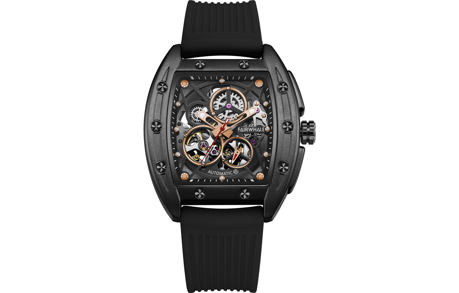 

Пионер Коллекшн Черные мужские часы Автоматический механизм Силиконовый ремешок Унисекс Скелетонизированный циферблат FAIRWHALE