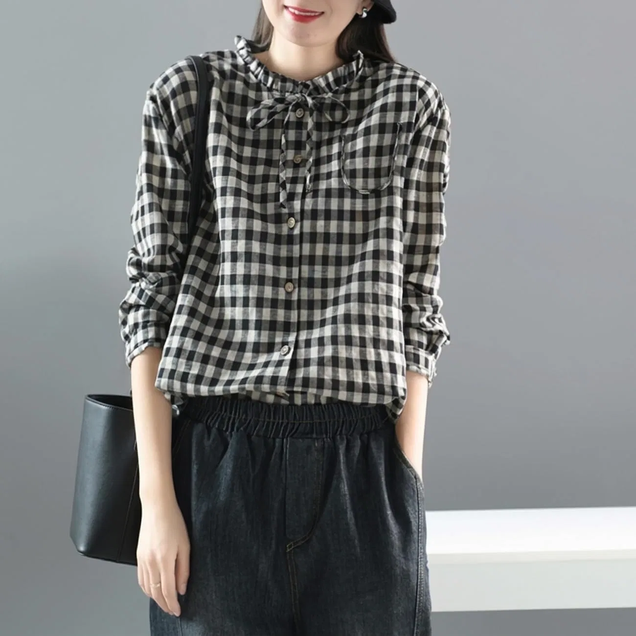 Блуза, гипюровая, женская Classic Gingham Check, черный — фото 3