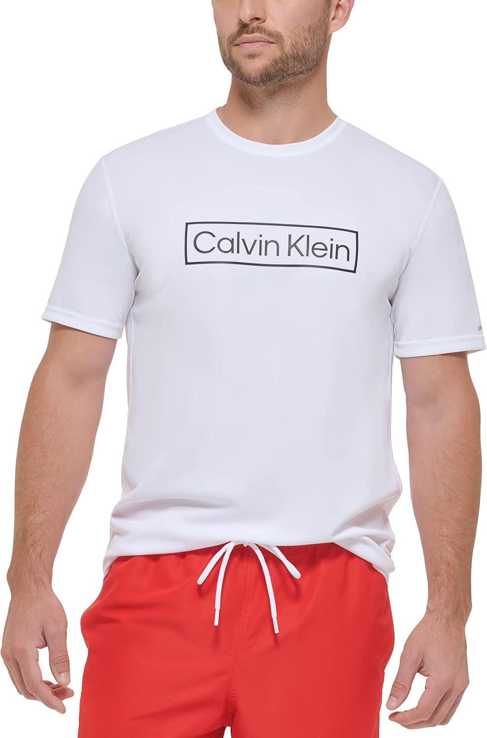 

Calvin Klein Mens, легкий, быстросохнущий, с коротким рукавом, защита от ультрафиолетового излучения 40+, White Logo