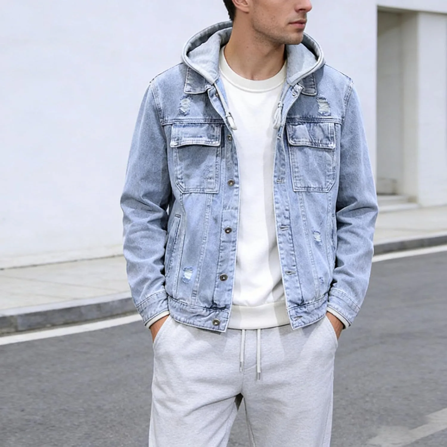 Мужская джинсовая куртка с капюшоном Casual Slim Fit Generic, светло-голубой — фото 2
