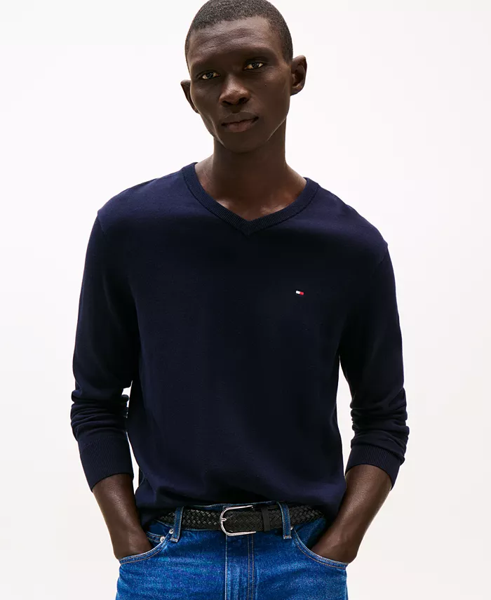 

Мужской базовый однотонный свитер с V-образным вырезом Tommy Hilfiger, синий