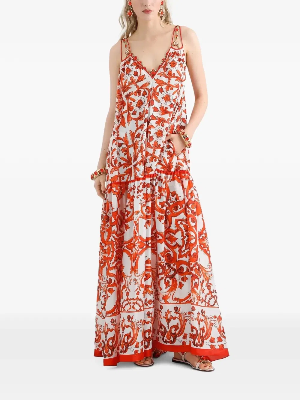 Длинное платье из хаботая с майоликовым принтом Dolce & Gabbana, белый — фото 2