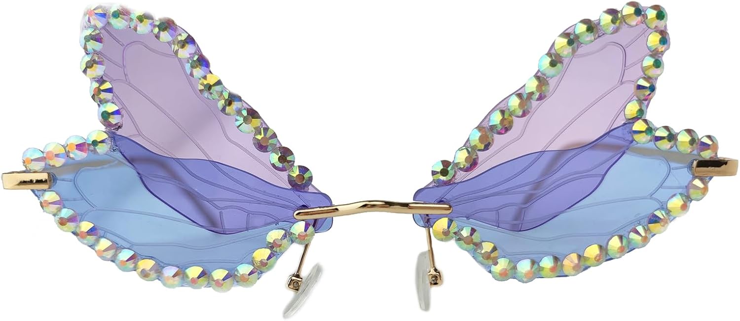 

COTIA Модные солнцезащитные очки без оправы с рисунком «крылья стрекозы» для женщин, украшенные кристаллами, стразами и жемчугом, для вечеринки и Хэллоуина, Blue Purple2
