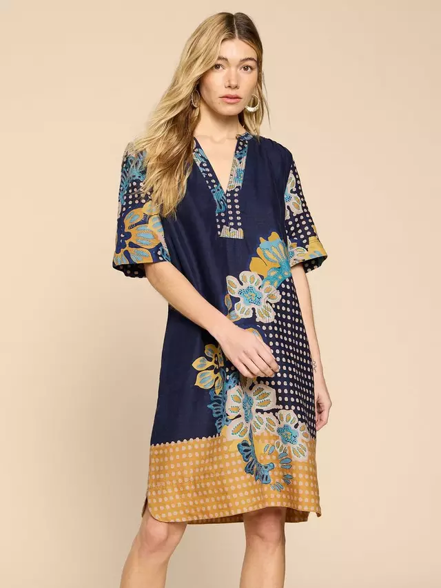 

Платье White Stuff June Abstract Print Linen Shift, цвет navy/multi