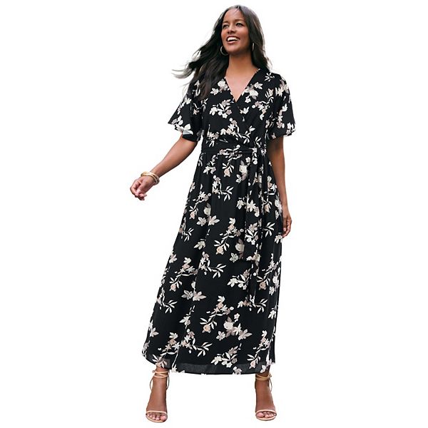 

Женское платье макси из жоржета с запахом plus size Roaman'S, Black Batik Vines