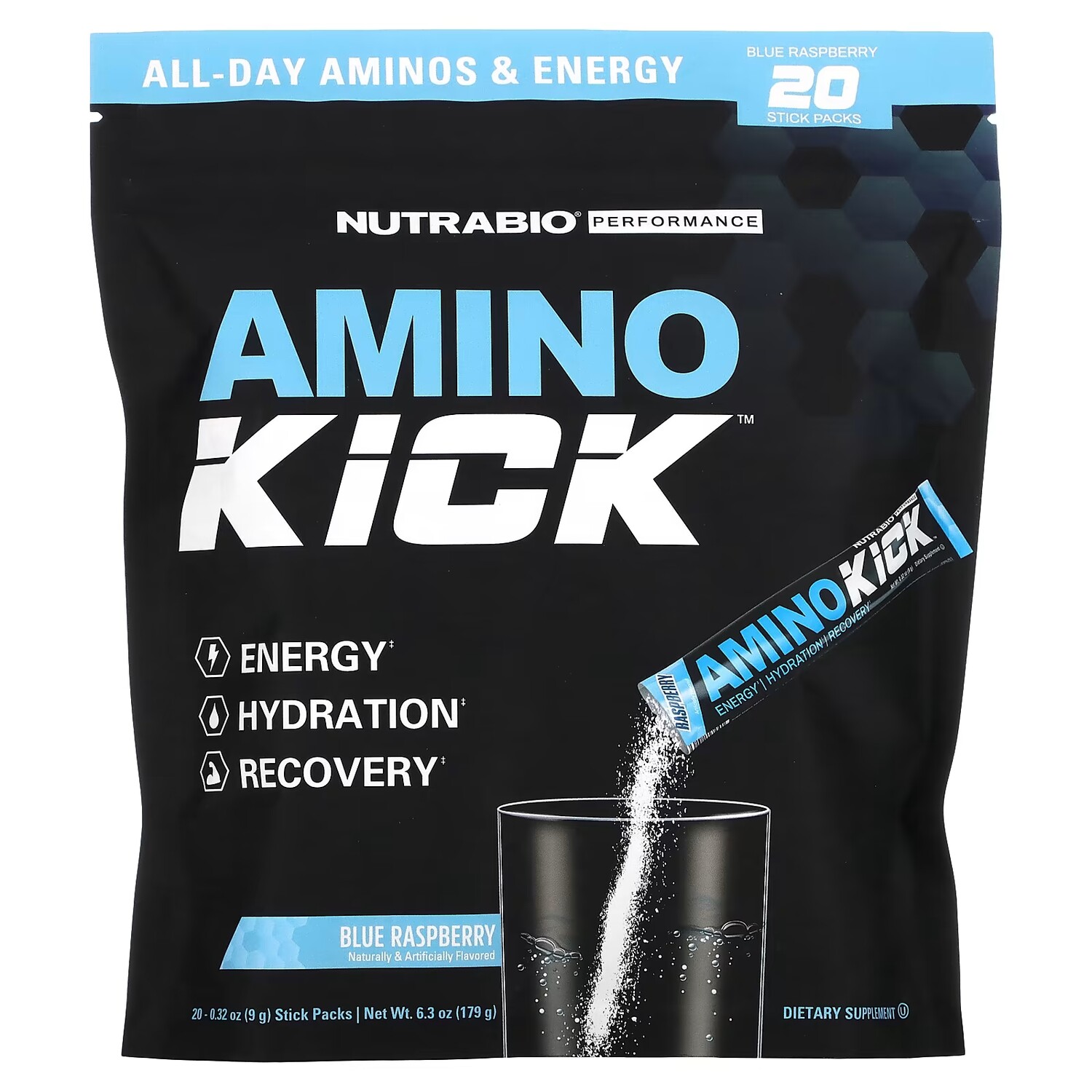 

Спортивная добавка Nutrabio Labs Amino Kick голубая малина, 20 стиков по 9г