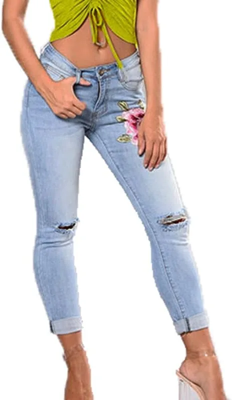 

Andongnywell женские джинсы с цветочной вышивкой и потертостями