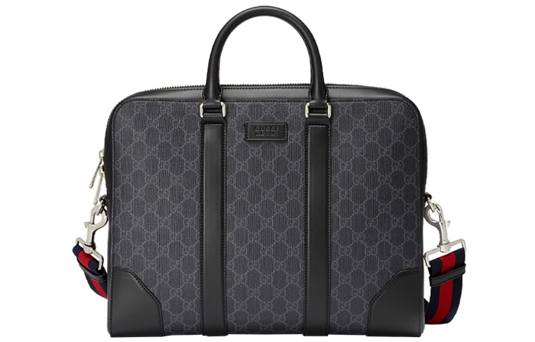 GUCCI Кожаный портфель на холсте с наплечным ремнем через плечо и ручкой черный мужской — фото 2