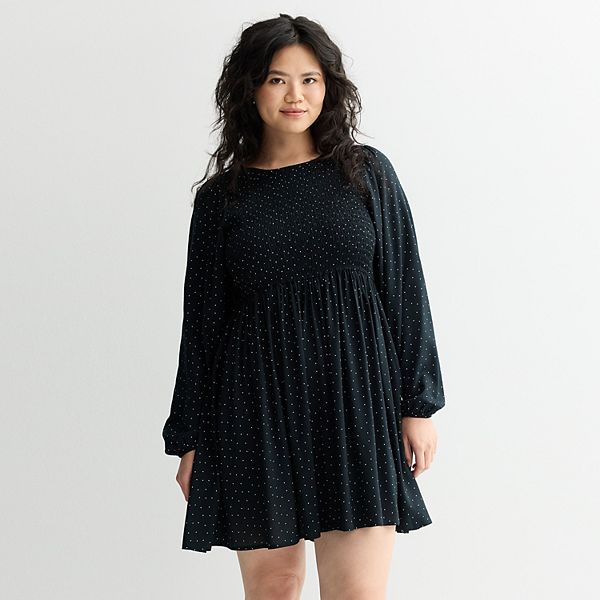 

Платье-мини с длинным рукавом и присборенной талией Juniors plus size So, Black Dot