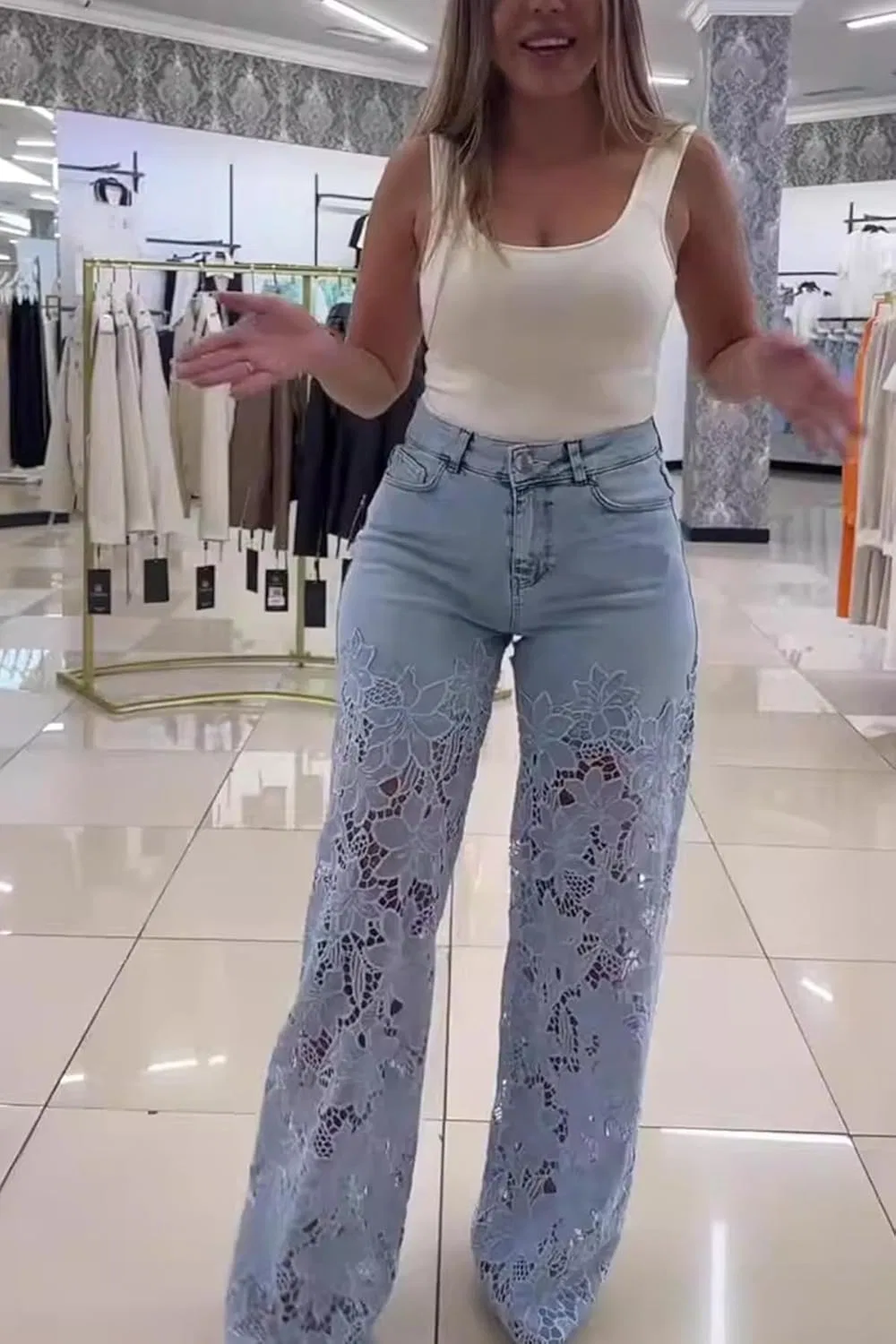 Джинсы с кружевом, High Waisted Wide Leg, Голубой — фото 2