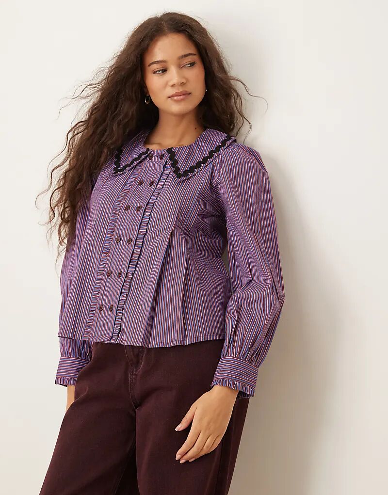 

Блузка с длинными рукавами, отделкой в ​​виде оборки и воротника цвета неоновой розы, бордового цвета