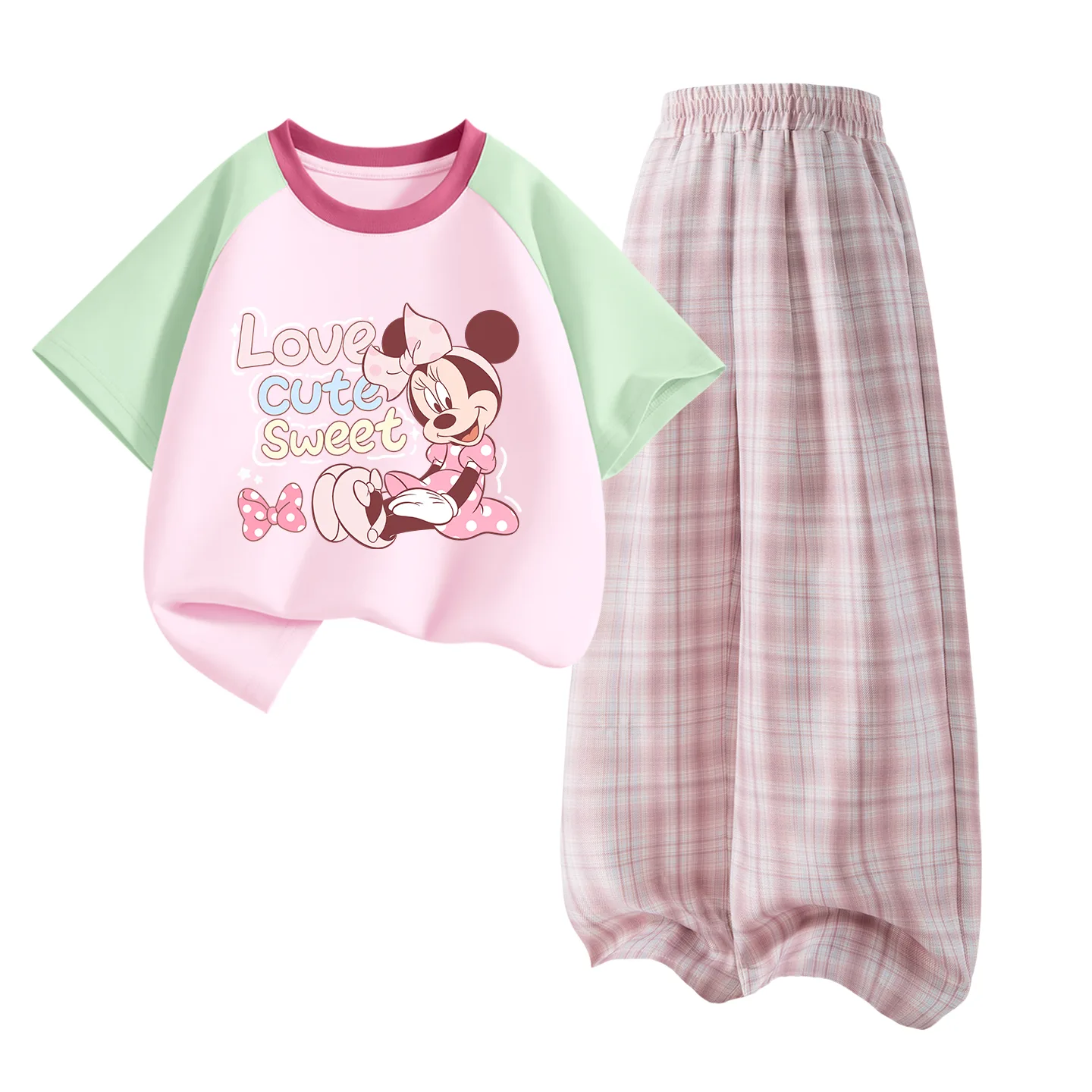 Детская спортивная футболка с круглым вырезом Disney, Deloroni Green Pink+Solid Color Quartz Pink