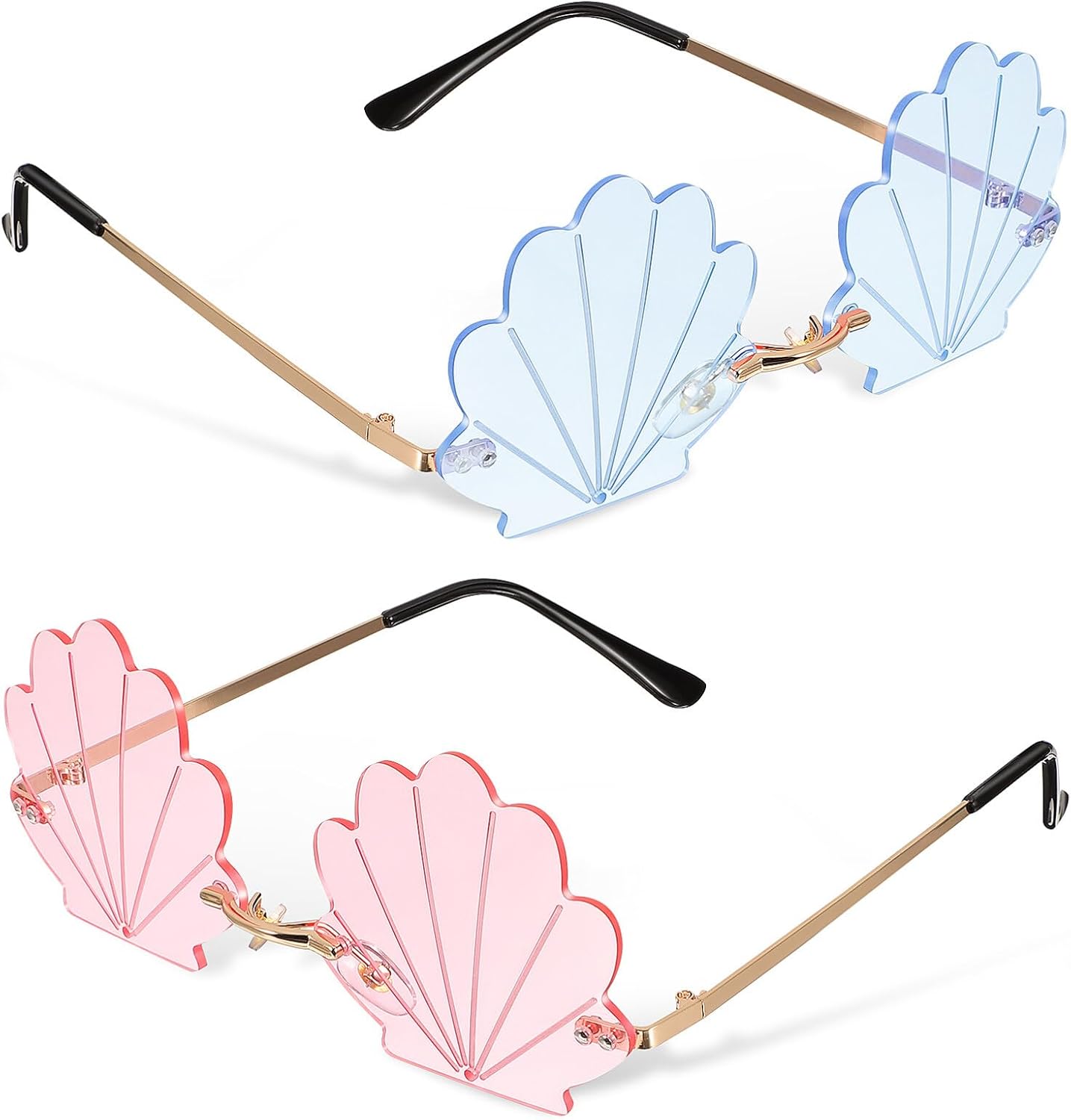 

LIFKOME 2 пары солнцезащитных очков в форме ракушки без оправы для вечеринок, модные очки для мероприятий, уникальные декоративные очки в золотой оправе с легкими линзами, Pink