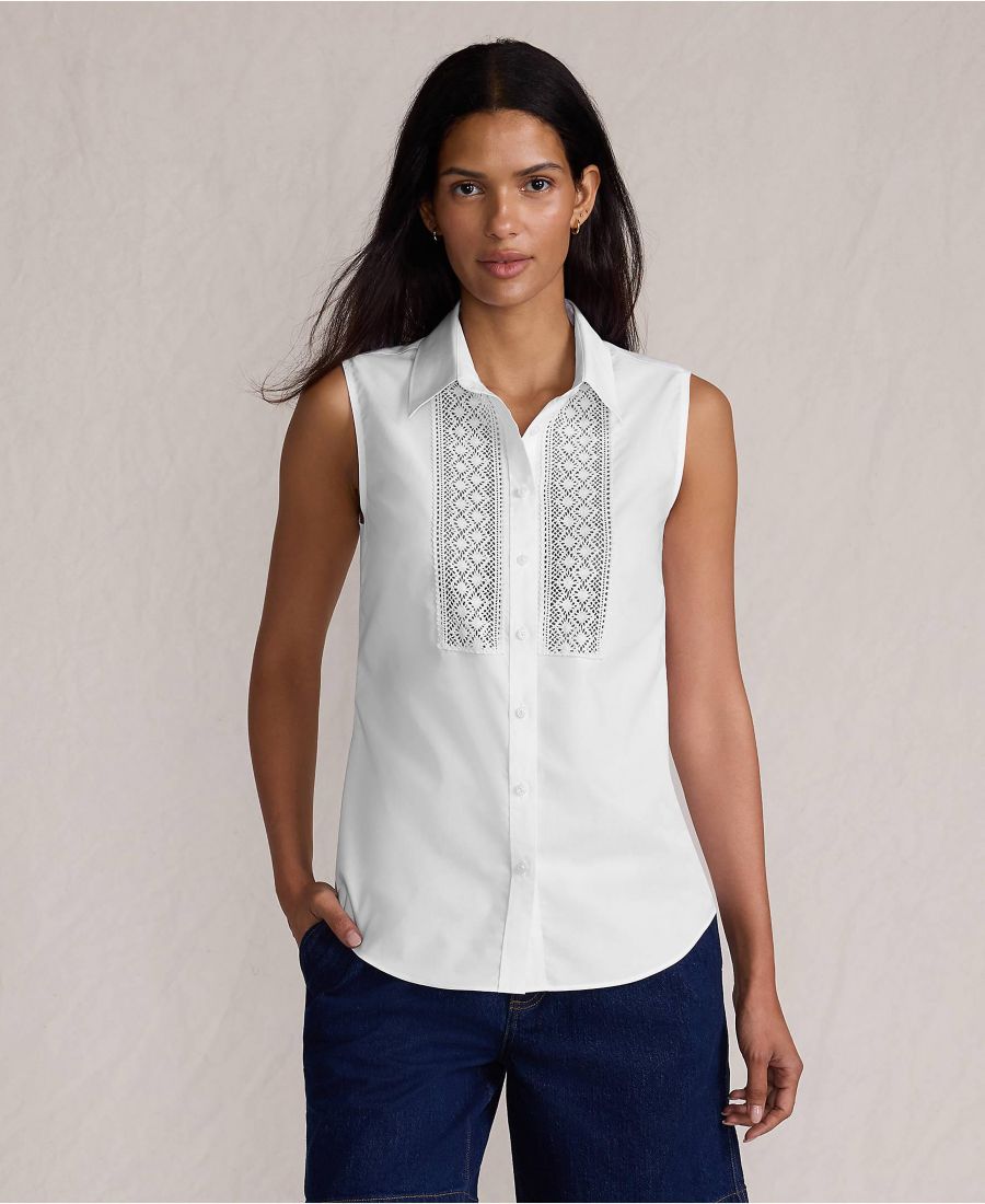 

Женская рубашка без рукавов без глажки с кружевной вставкой Lands' End, White