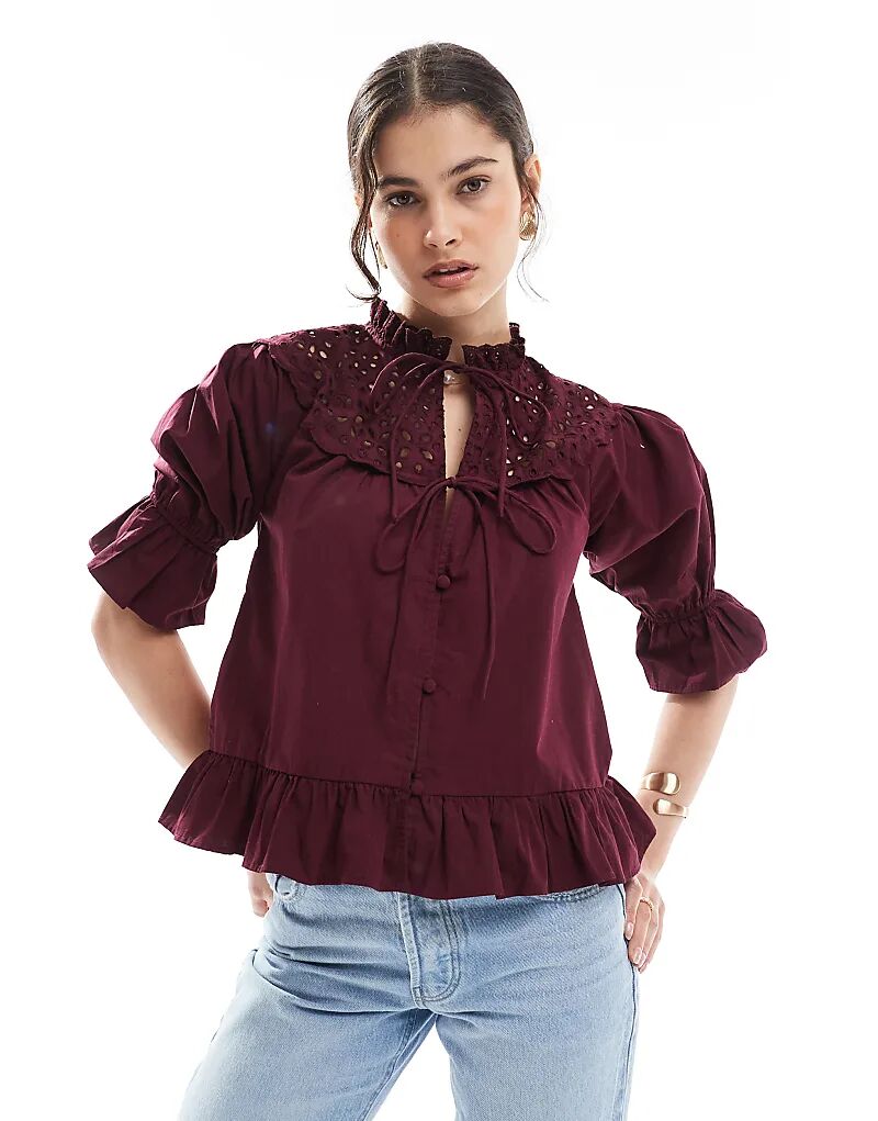 

Топ ASOS DESIGN с длинными рукавами, завязкой спереди, вышитой кокеткой, темно-вишневого цвета