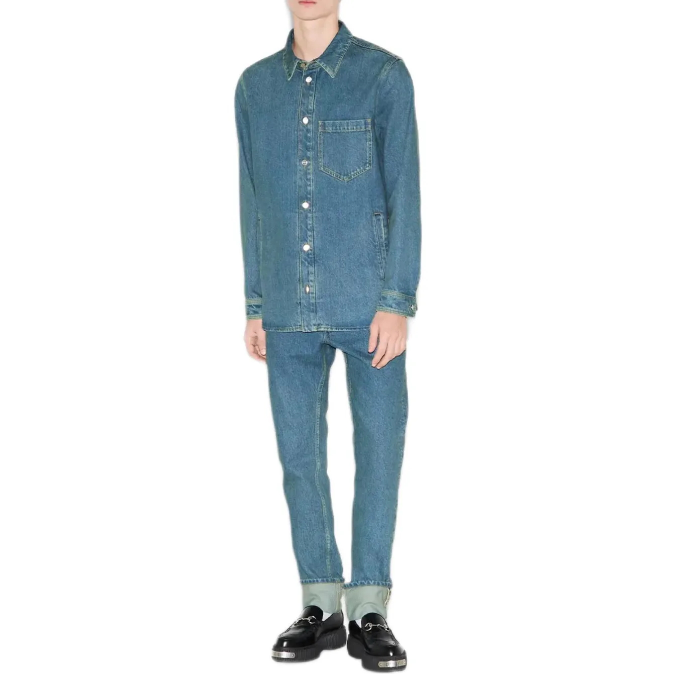 Рубашка мужская GUCCI Blue Pointed Collar Moderate Denim, с отложным воротником, синяя — фото 3