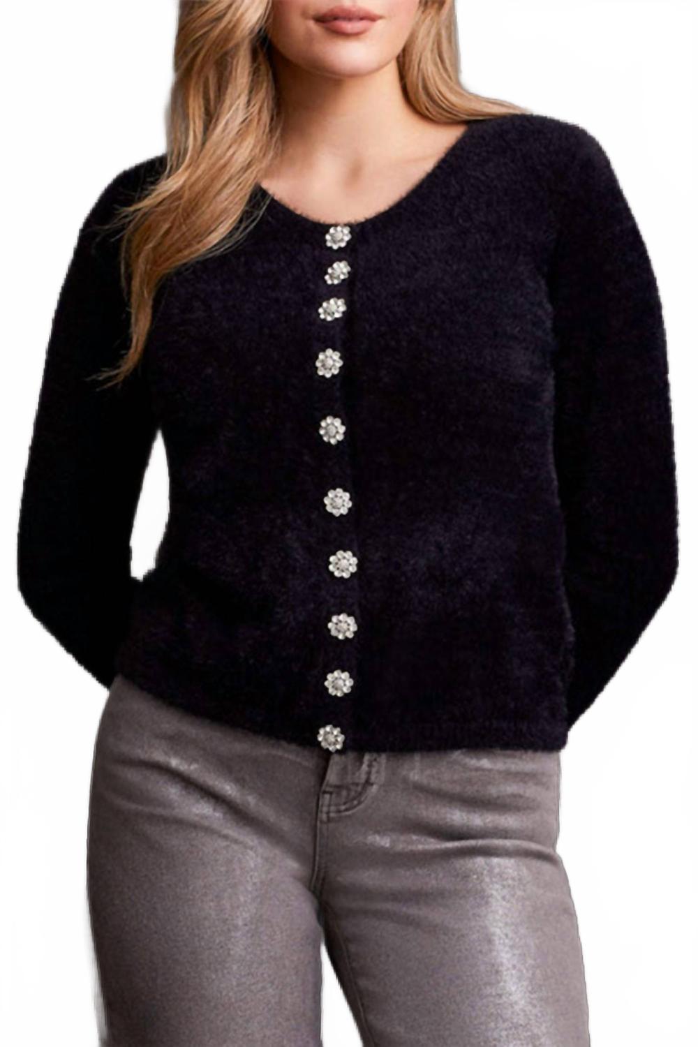 

Черный кардиган с кристальными пуговицами и вязаным ворсом TRIBAL