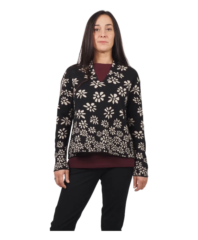

Черный свитер с цветочным принтом и V-образным вырезом Alessia Santi, мультиколор