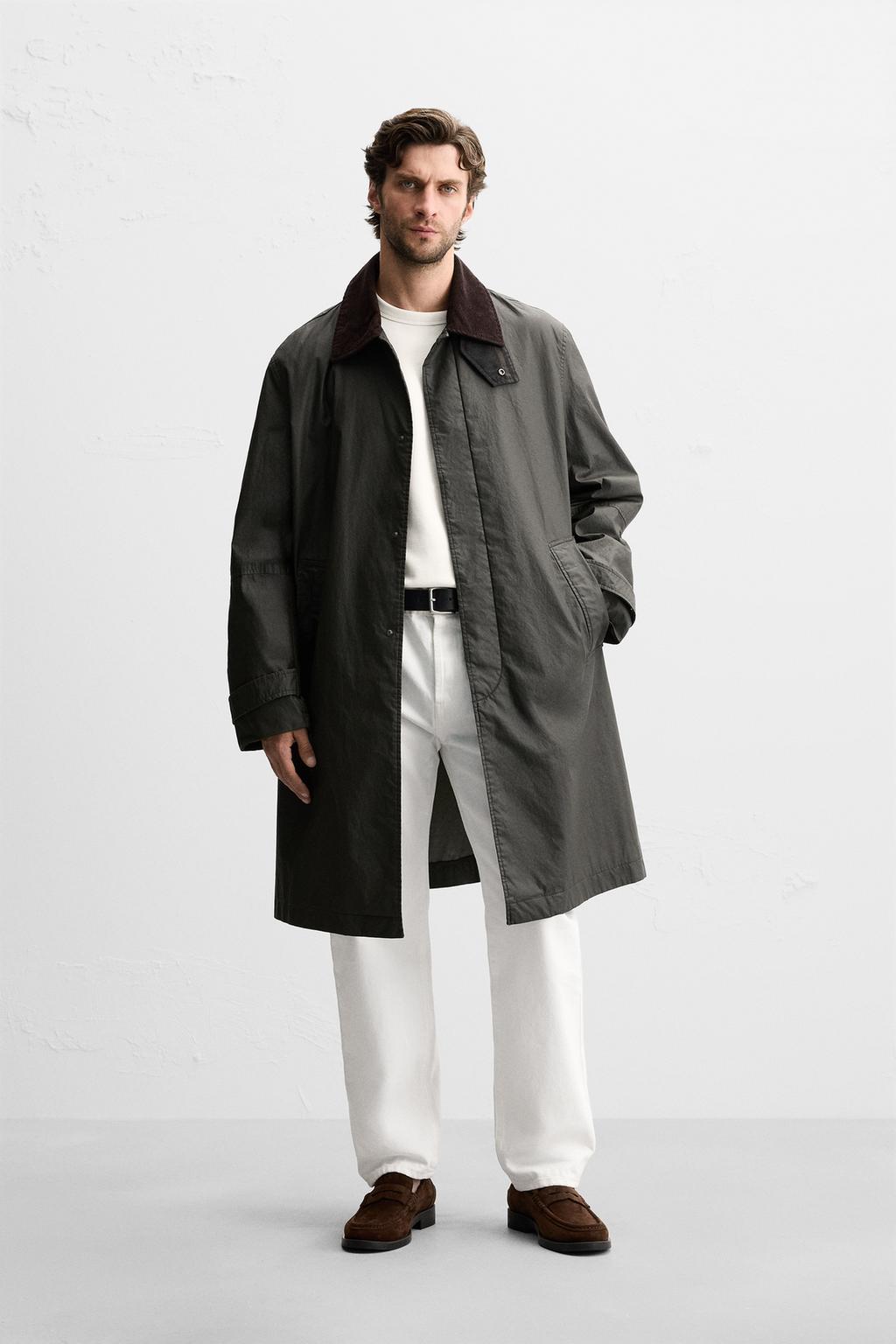

Вощеный тренч с контрастным воротником ZARA, цвет Dark khaki