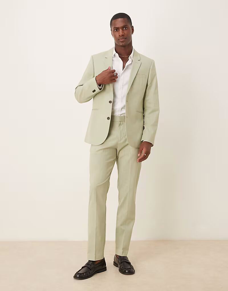 

Узкие брюки из льняного материала со складкой спереди зеленого цвета Asos Design