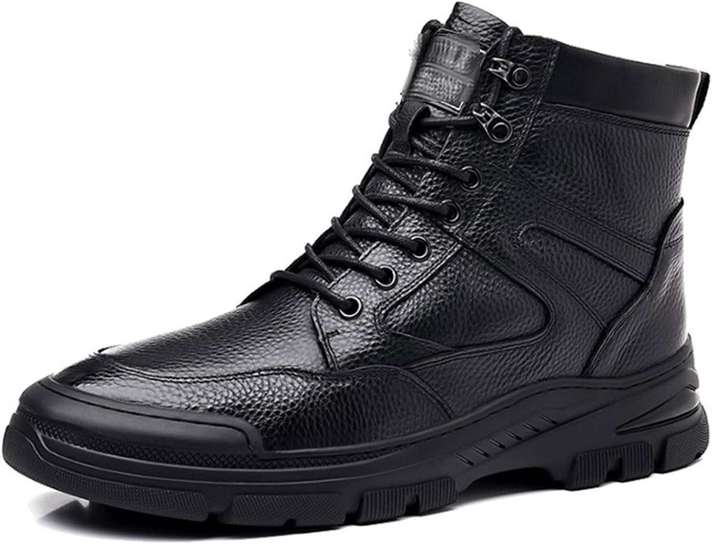 

Мужские зимние кожаные туфли, с меховой подкладкой, теплые ботинки из натуральной кожи, шнуровка, высокие, с хлопковой подкладкой, снежные ботинки, нескользящие, удобные повседневные туфли, 40 EU, черные Manyubei