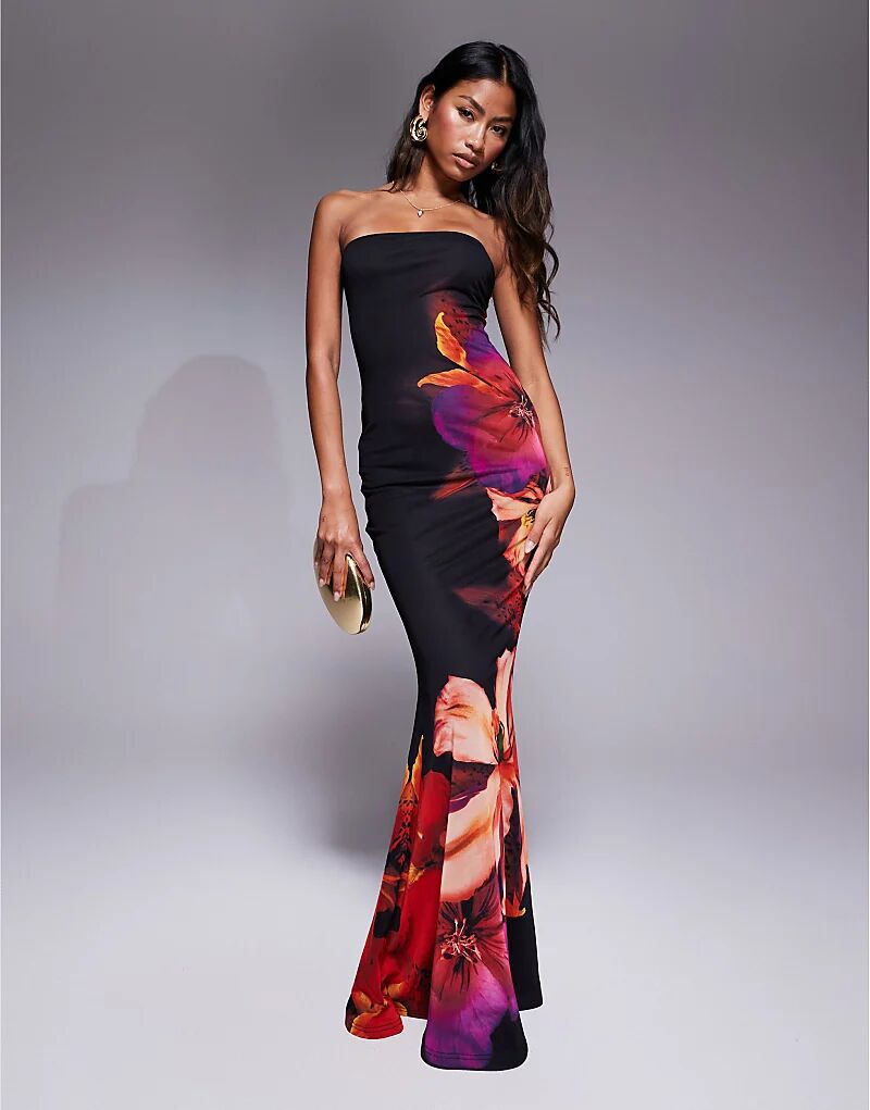 

Эксклюзивное сетчатое платье-бандо Murci макси с чёрно-красным цветочным принтом