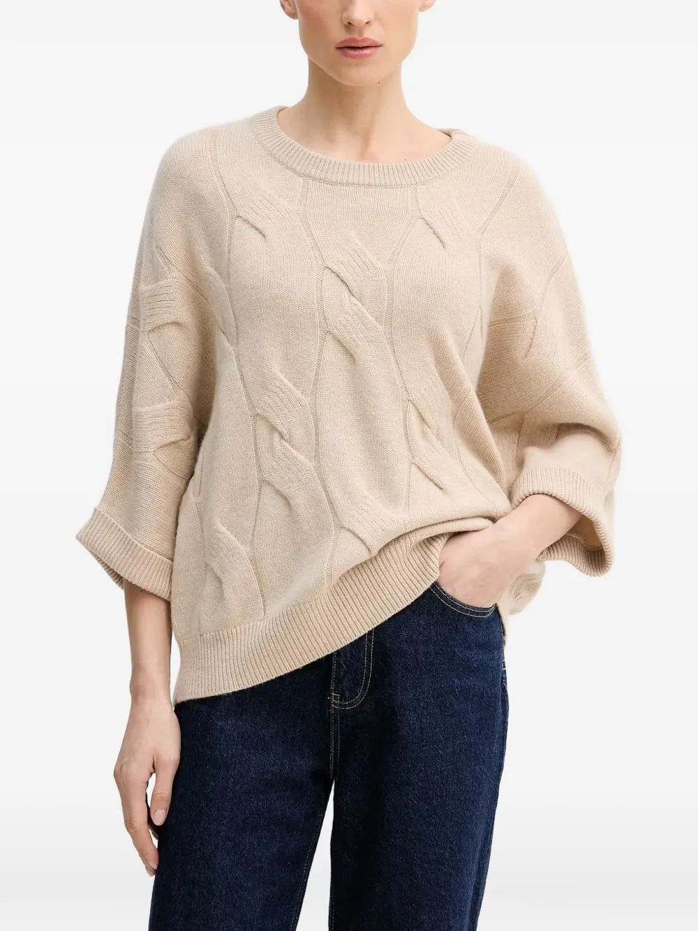 

Свитер с круглым вырезом и вязаным узором "косы" Benetton, бежевый