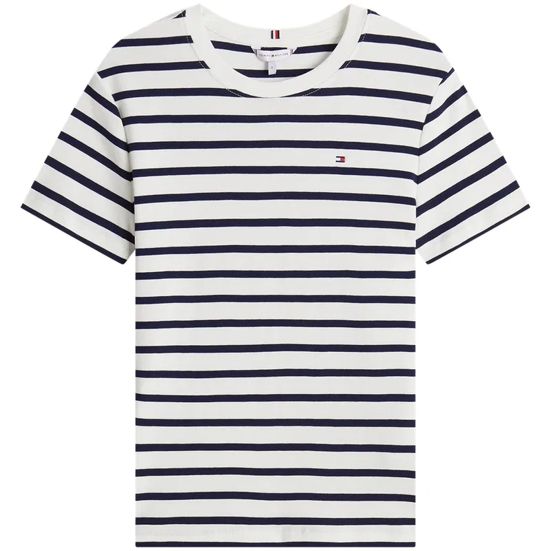 Футболка из хлопка с вышивкой флага Tommy Hilfiger, White Black Stripes 0X4