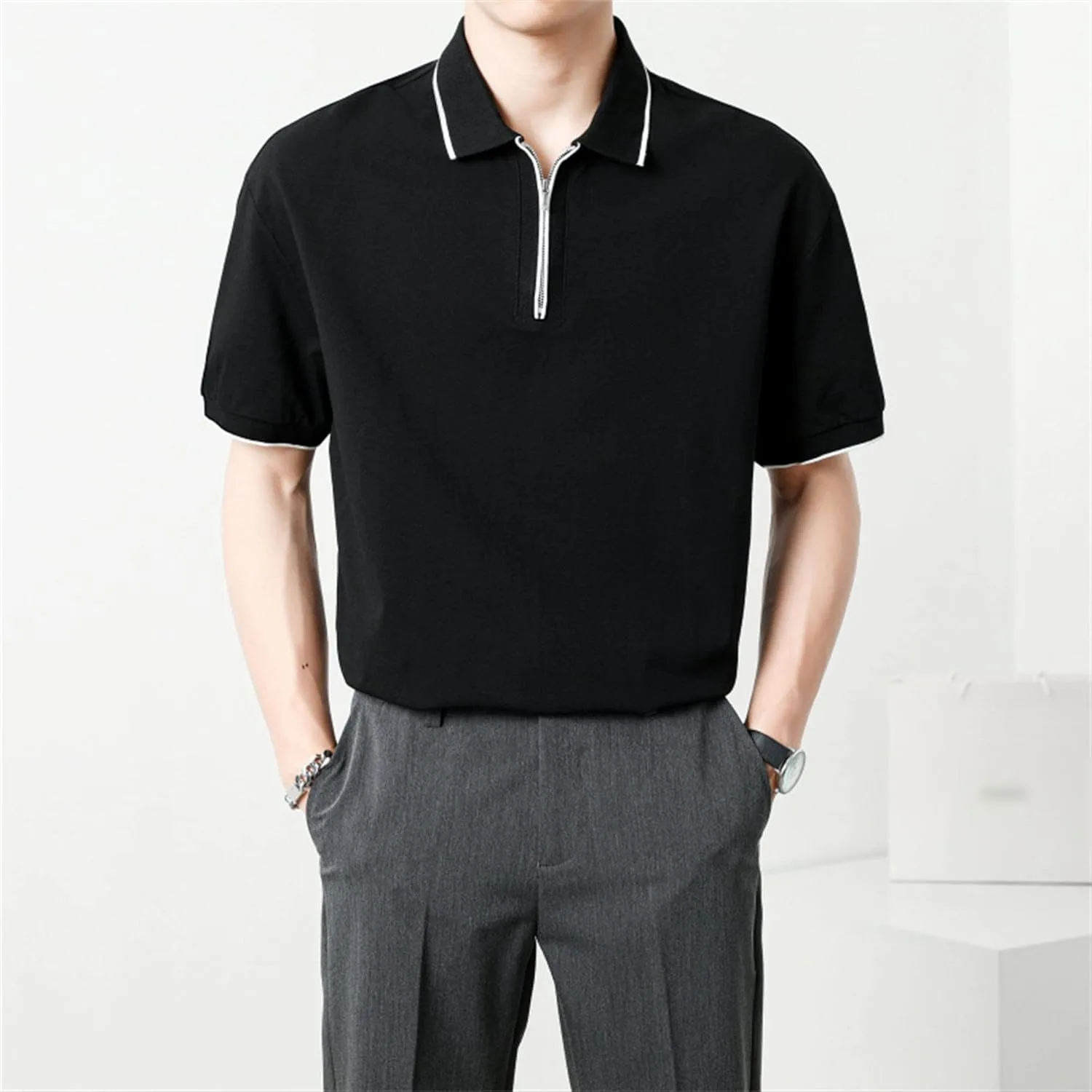 Мужская футболка с молнией slim fit — фото 2
