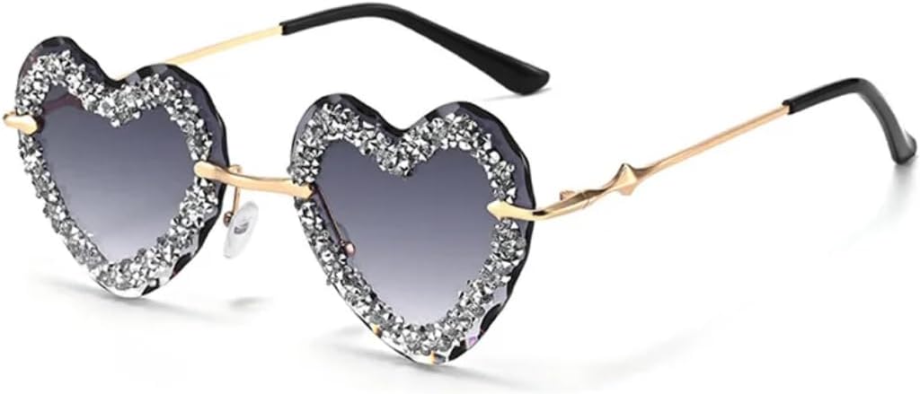 

Женские блестящие солнцезащитные очки с бриллиантами, сексуальные, без оправы, со стразами, металлические, в форме сердца, с защитой от УФ-излучения UV400 TVTBBVV, Gold-gray