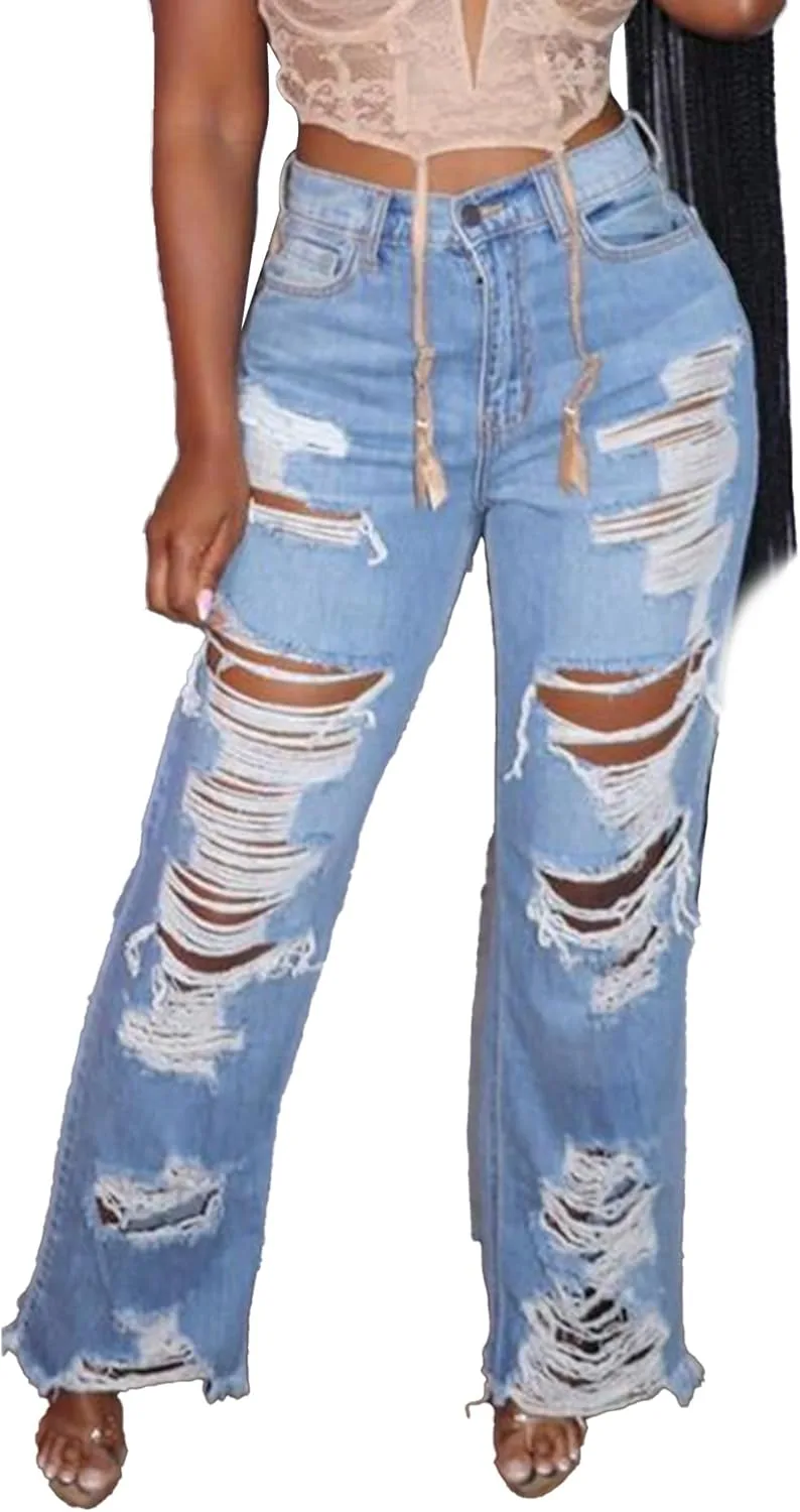 

Sexyshine женские джинсы с высокой талией, прямые, рваные, с потертостями