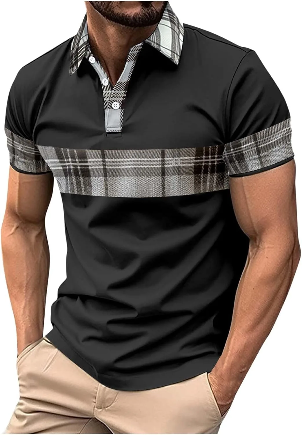 

Мужская рубашка с коротким рукавом и контрастной клеткой, Casual, Wrinkle Free