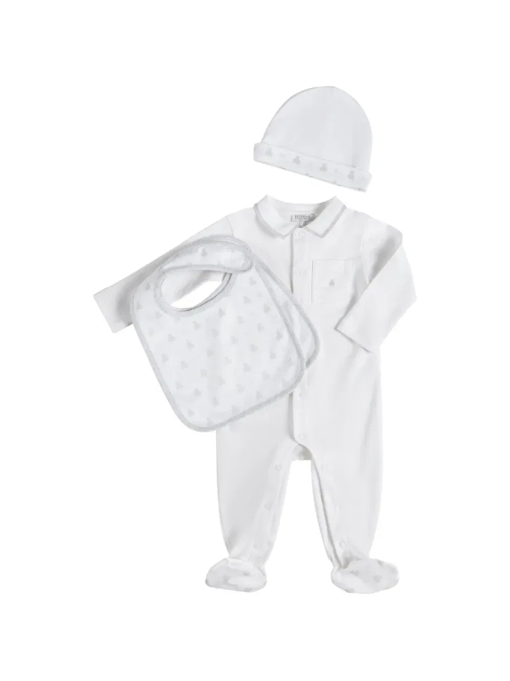 Комплект Baby Bernie из комбинезона, шапки и нагрудника Brunello Cucinelli Kids, белый