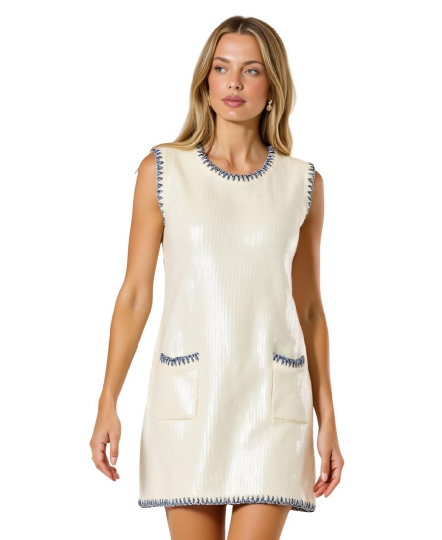 

Женское трикотажное мини-платье без рукавов с пайетками, контрастной отделкой и карманами Modenaire, Cream/blue