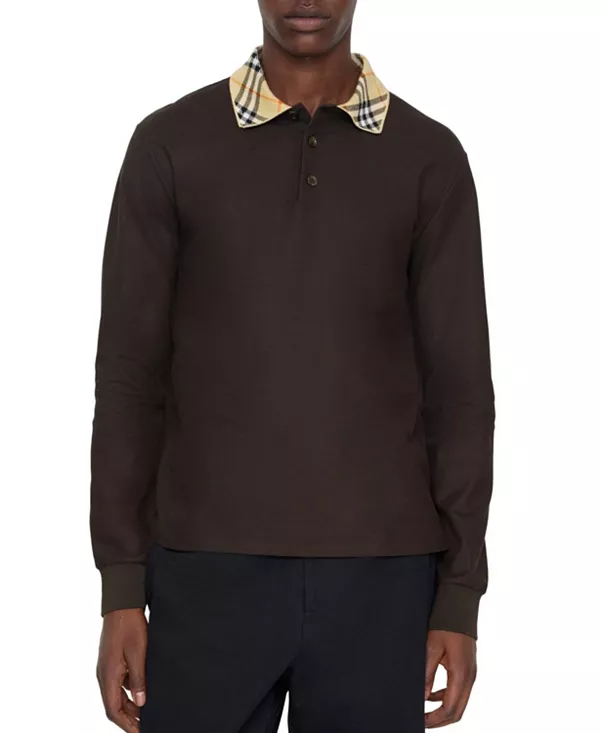 

Хлопковая рубашка-поло с длинными рукавами и клетчатым воротником Burberry, коричневый